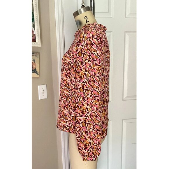 FOREVER 21 Pink Abstract Silky Poet Sleeve ruffle Blouse Tunic Shirt *SMALL* - Picture 3 of 5